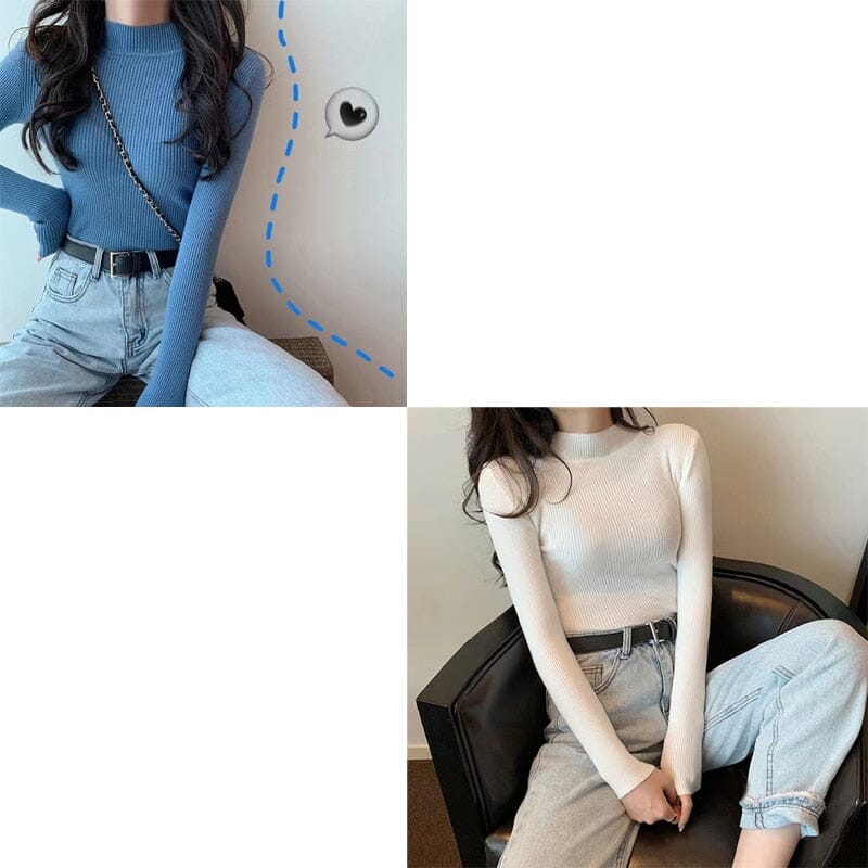 KIT 2 Blusas Canelada Gola Alta SUETER Espaço Shop Azul/Branca G