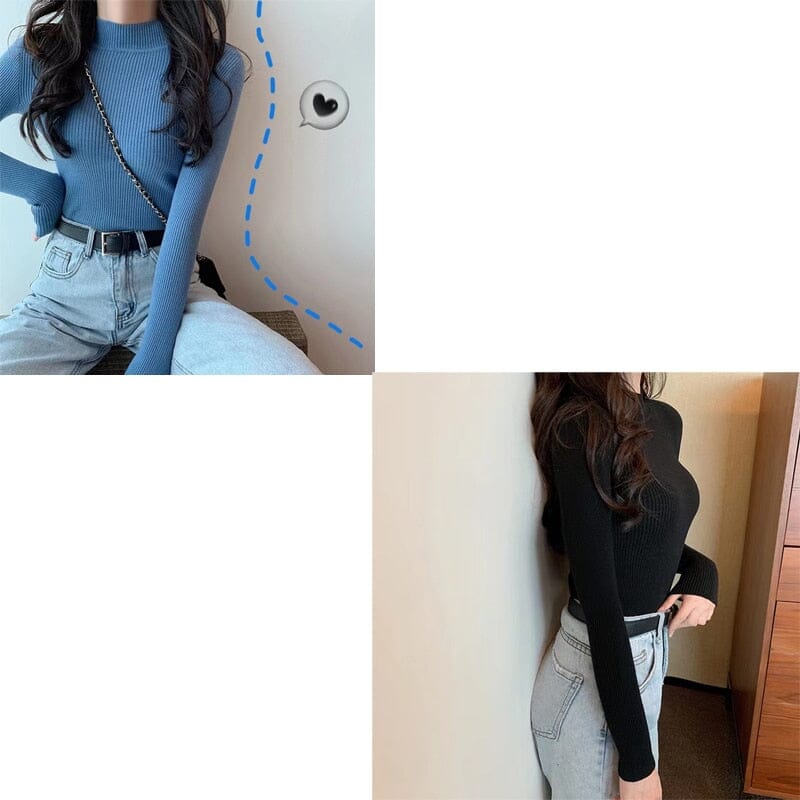 KIT 2 Blusas Canelada Gola Alta SUETER Espaço Shop Azul/Preta G