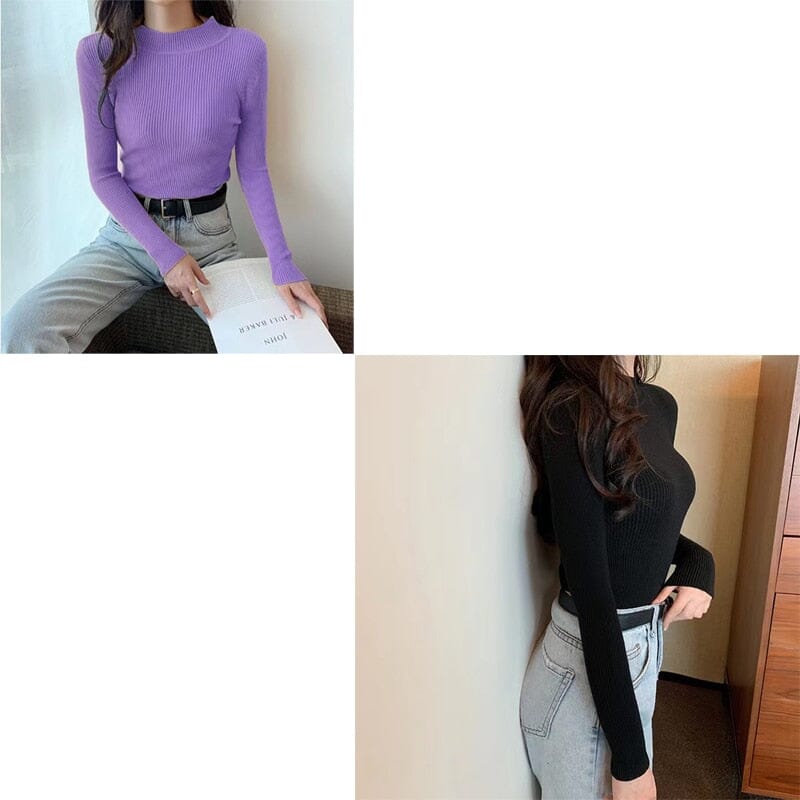 KIT 2 Blusas Canelada Gola Alta SUETER Espaço Shop Roxa/Preta G