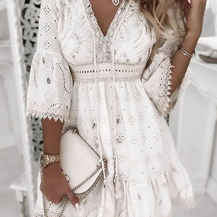 Vestido Elea Boho Curto Renda Vestido EP01 Branco P
