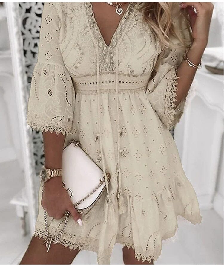 Vestido Elea Boho Curto Renda Vestido EP01 BegeClaro P