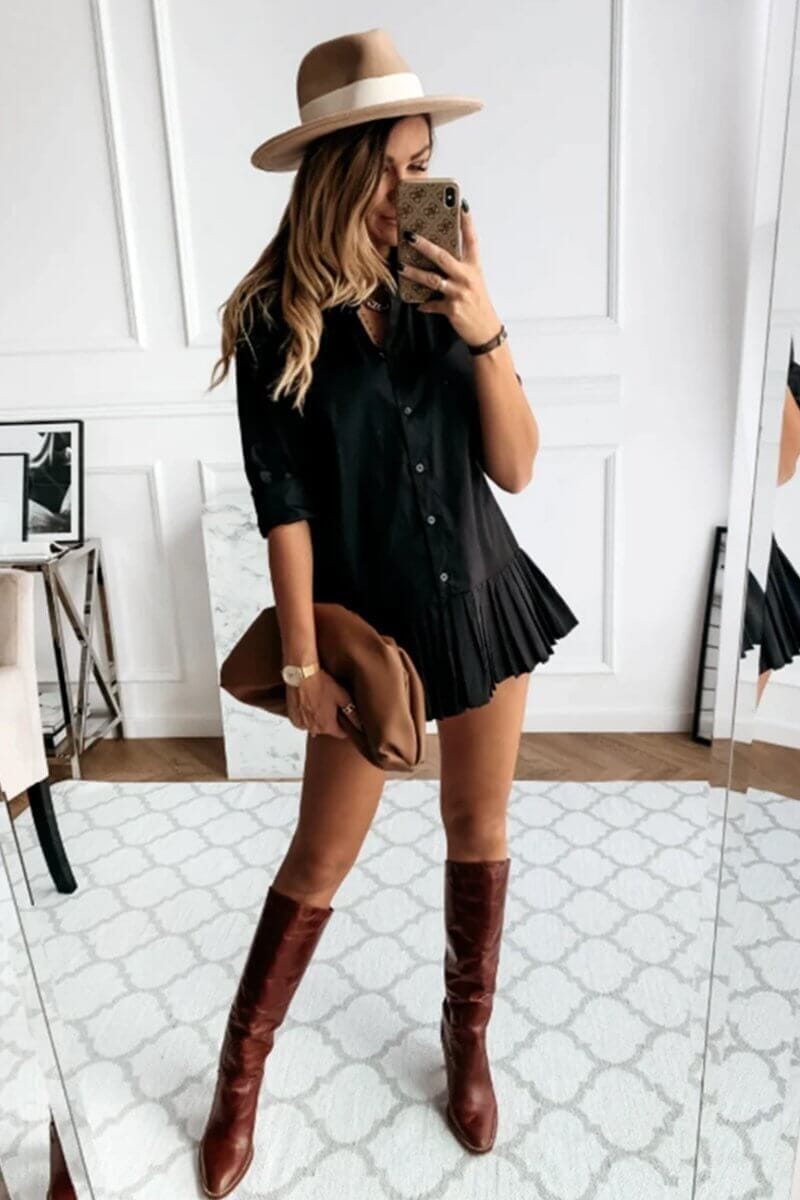 Vestido Chemise Curto Plissado Vestido EP01 Preto P