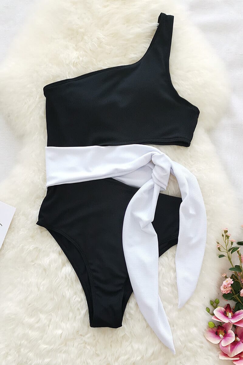 Maiô Bicolor Um Ombro Só Amarração Moda Praia espaco shop