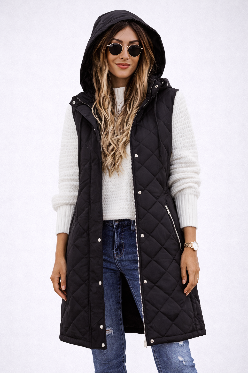 Colete Feminino Longo Puffer com Capuz