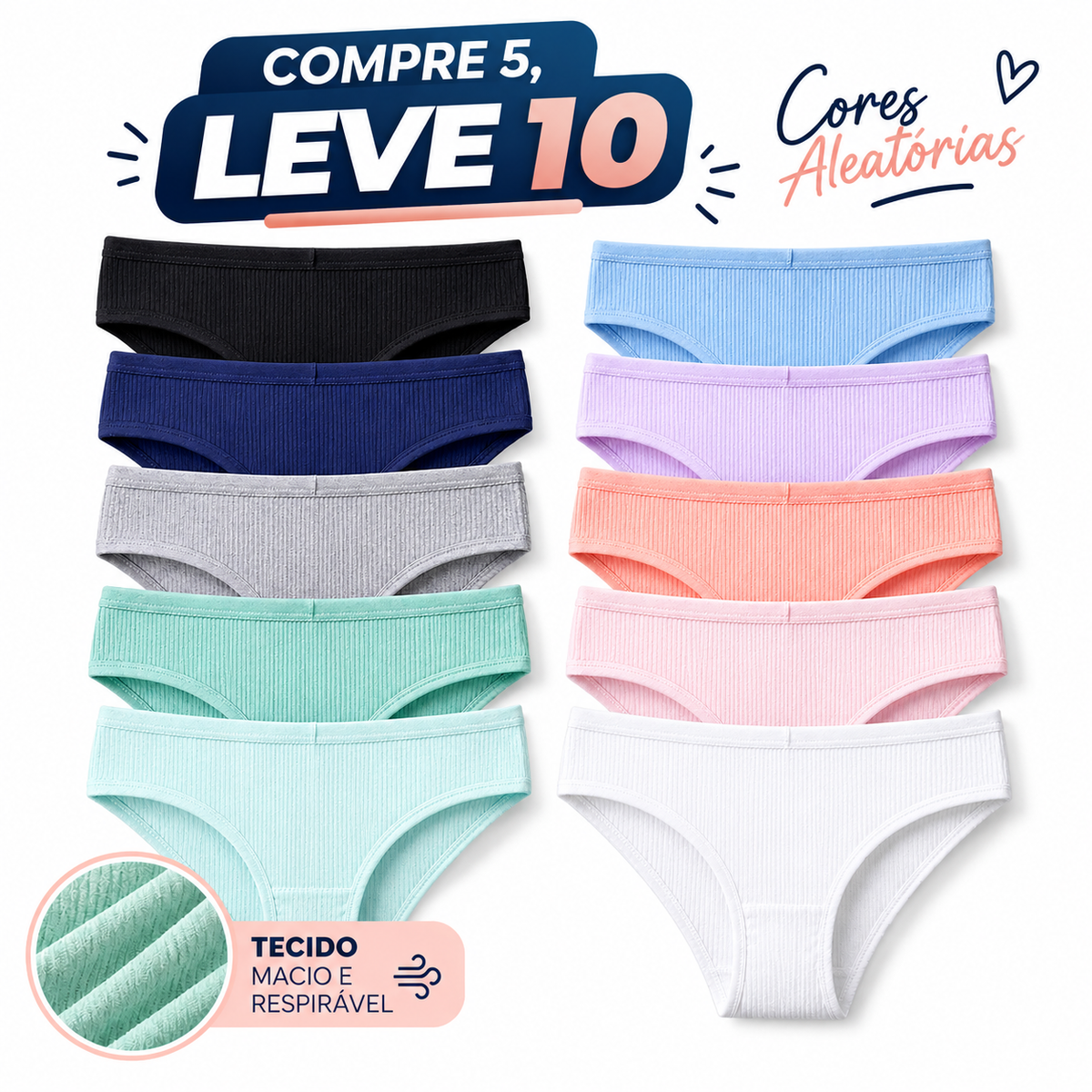 Calcinhas Antibacterianas - Compre 5, Leve 10 | 100% Algodão | Cores Aleatórias