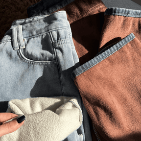 Calça Jeans Wide Leg Feminina Peluciada + Meia Térmica