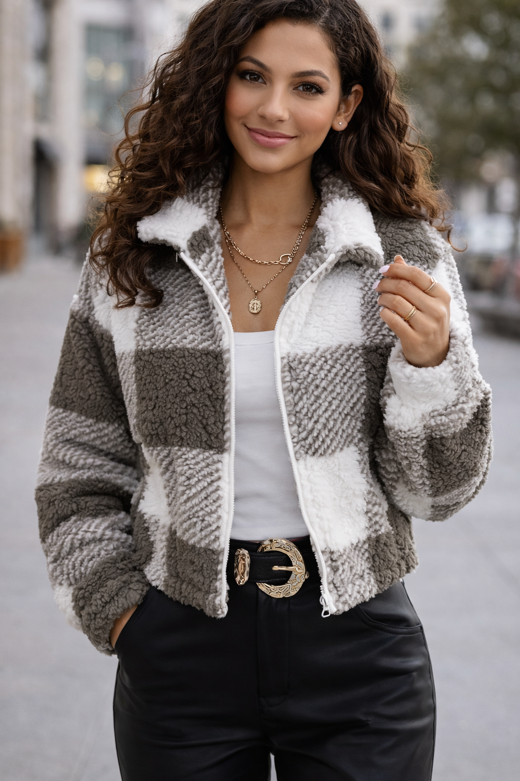 Jaqueta Feminina Teddy Xadrez Sherpa