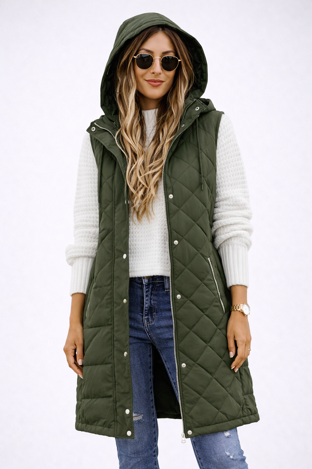Colete Feminino Longo Puffer com Capuz