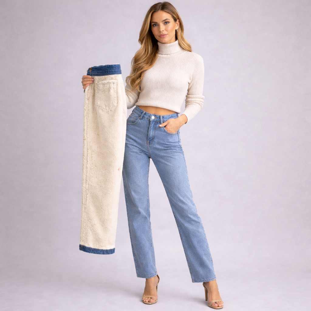 Calça Jeans Wide Leg Feminina Peluciada + Meia Térmica