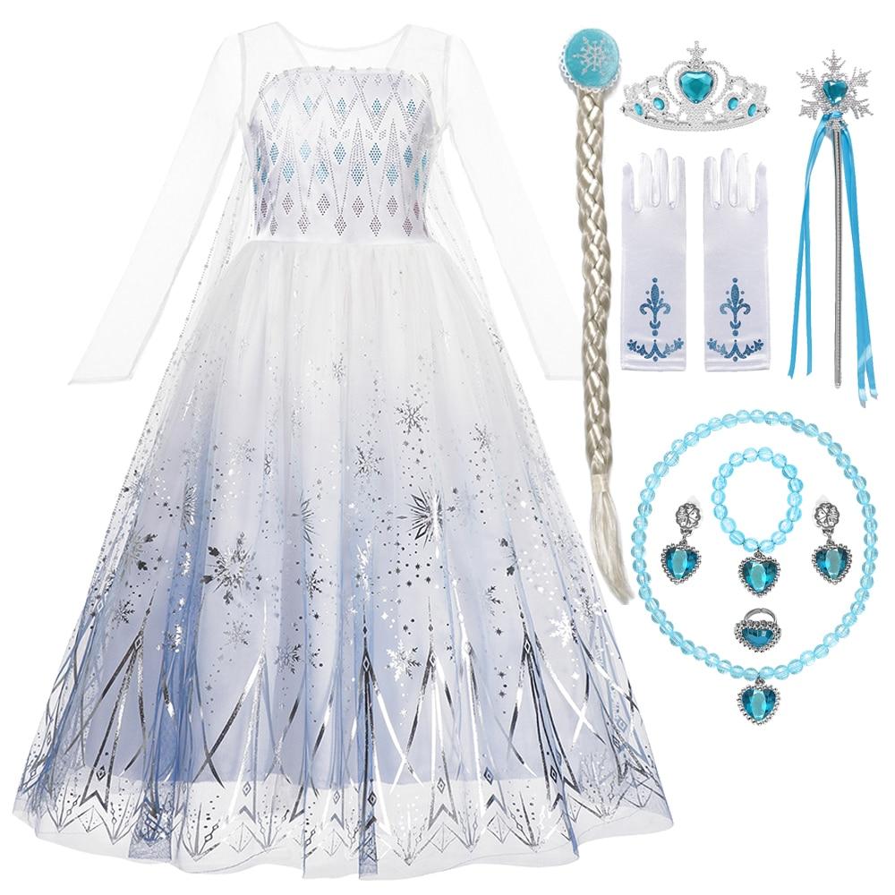 Fantasia Elsa Completa + Coroa + Varinha Mágica + Cabelo + Luva + Colar, Brinco, Anel e Pulseira