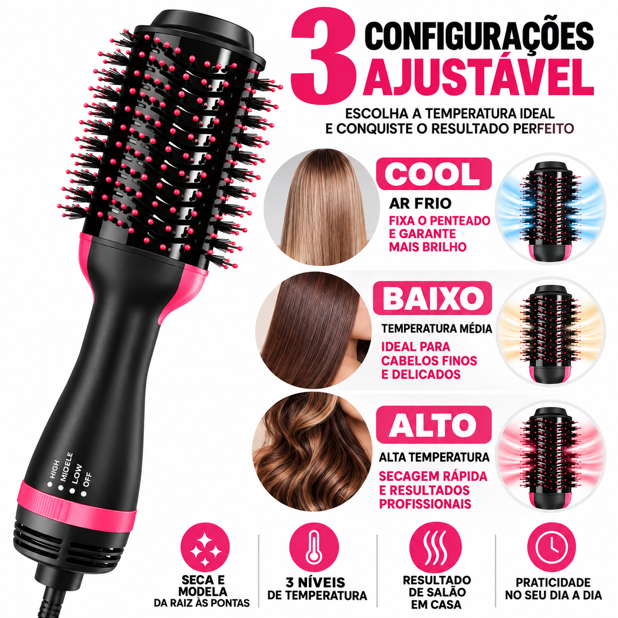 Escova Secadora Modeladora 3 em 1 Seca Fácil