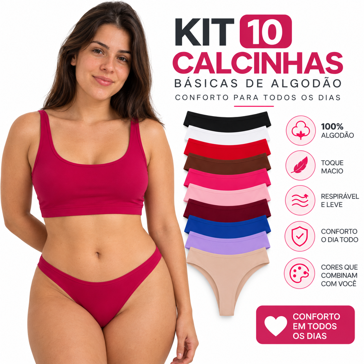 Kit 10 Calcinhas em Algodão Modelo Tanga Conforto