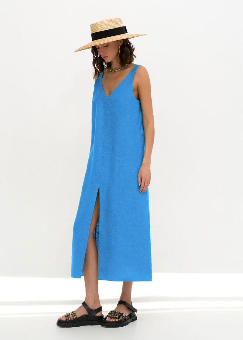 Vestido Casual Reto Fenda Frontal Vestido EP01 Azul P 