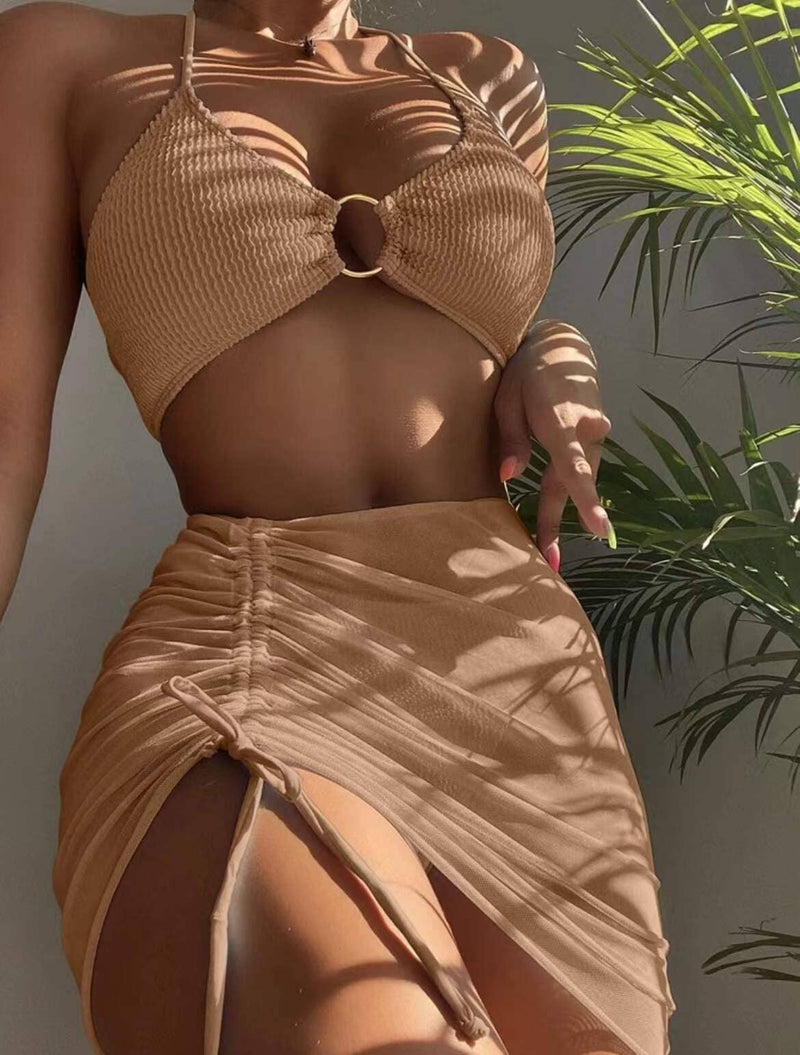 Conjunto Biquíni Bali Argola com Saia Biquini espaco shop MarromClaro P 