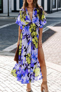 Vestido Amelia Flores Decote V Fenda Vestido EP01 Azul P 