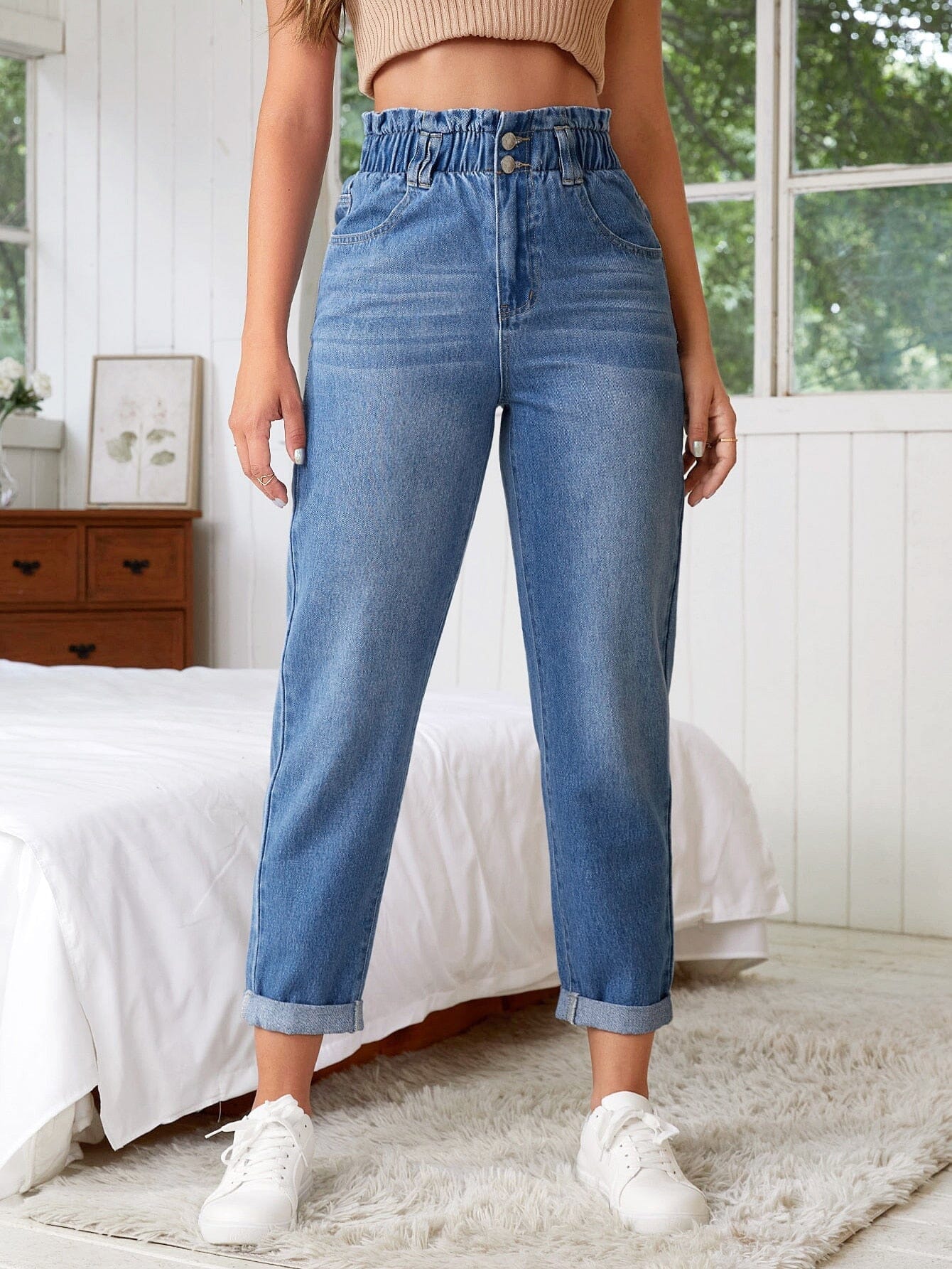 Calça Mom Jeans com Elástico [AF] Calça Jeans ESPACO SHOP azul-aco-claro 36 