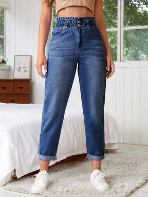 Calça Mom Jeans com Elástico [AF] Calça Jeans ESPACO SHOP azul-flor-de-milho 36 
