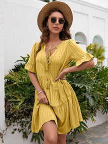 Vestido Curto Listras Decote V Detalhe Amarração Macacão EP01 Amarelo P 