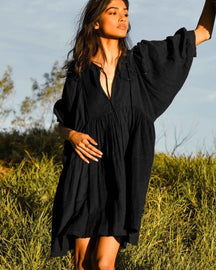 Vestido Curto Solto Decote V Mangas 3/4 Vestido EP01 Preto P 